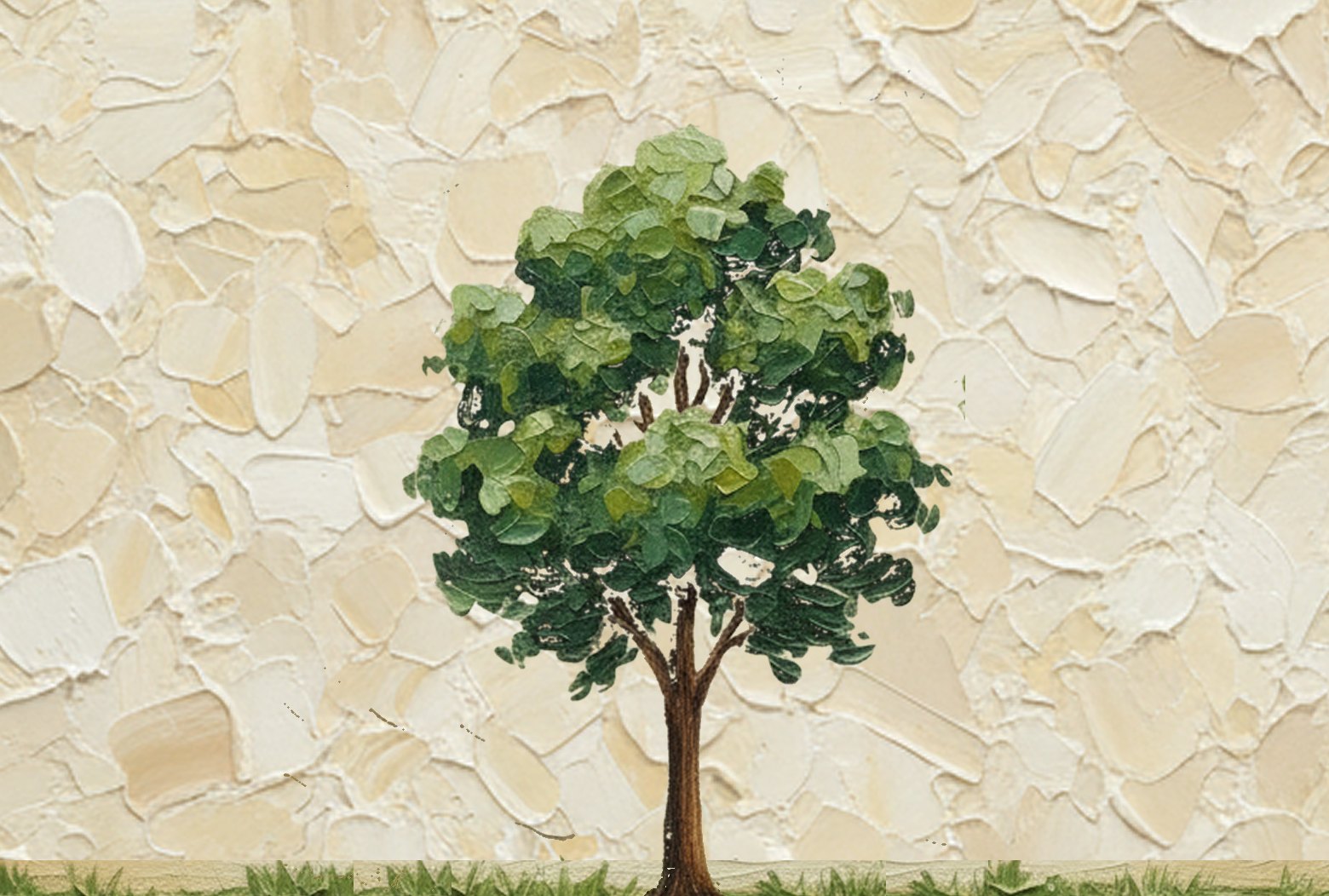 A painted tree in full leaf on a cream, palette-knife background.